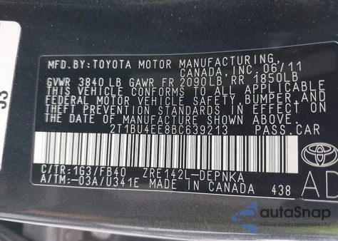 2011 Toyota Corolla Le from USA, damaged, VIN 2T1BU4EE8BC639213